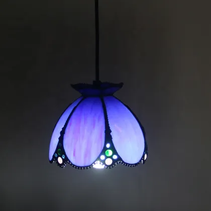 LongHuiJing Antique Brass Finish Bell Hanging Light - Tiffany Style Stained Glass Mini Pendant Lamp