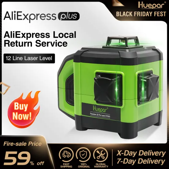 Huepar Electronic Self-Leveling 3D Green Beam Laser Level 3x360 Cross Line Three-Plane Leveling Alignment -Dual Slope Function