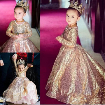 Sequin Flower Girl Dresses Princess Long sleeves Girls' Pageant Gown Floor Length Formal Kids Party Dresses