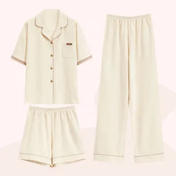 Women's Super-Soft Cotton Pajama Set: 3 Piece Lounge Pants & Shorts Nightdress Sleepwear