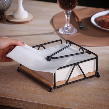 Porta tovagliolo a base di legno piatto con asciugamano di carta in ghisa