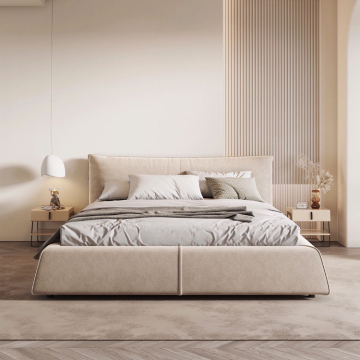 Moyi Luxury meubels: compleet kingbed set met modern houten koningin frame, uniek hoofdeinde, echt faux leer en getuft ontwerp