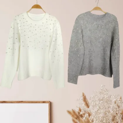 Soft White and Off-White Beaded Embroidery Sweater