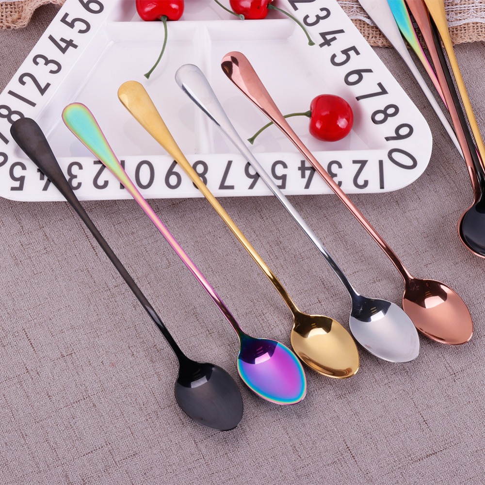 New Stainless Steel Long Handled Coffee Spoon Home Party Cold Drink Fruit Ice Cream Dessert Tea Spoon #260599