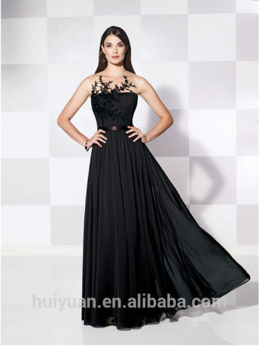 Negro gasa cuello redondo appliqued flor elegante vestidos formales en línea