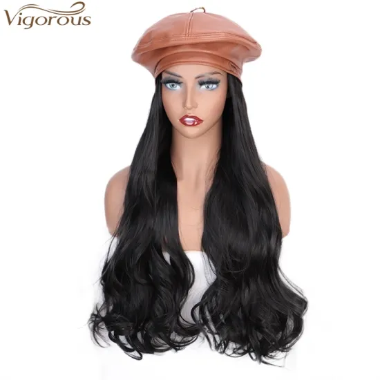 Vigorous Black Wavy Wig With Brown Hat For Women Heat Resistant Synthetic Hair Extensions hat wig