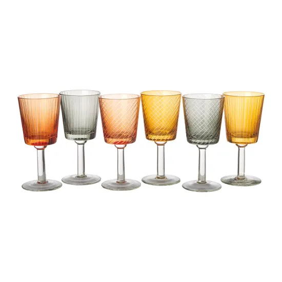 Crosshatch stripe etched colored wine glasses goblet