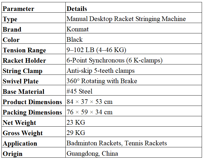 Konmat Table Stringing Machine Data
