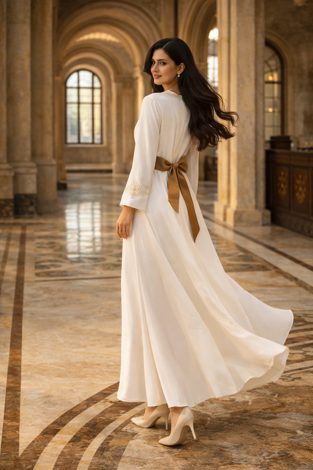 white embellished lace abaya flowing back view