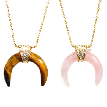 BraveLight Rose Quartz Double Horn Moon Shape Pendant Necklace