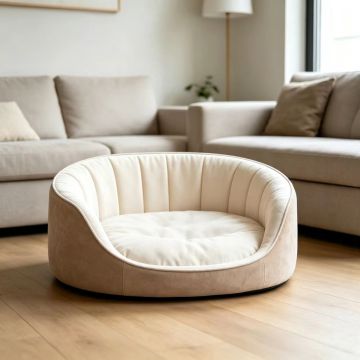 Round Curved Bolster Dog Bed, Vertical Quilted Velvet Pet Sofa Bed, Soft Enclosed Nest with Low Entry, Removable Washable Cover,