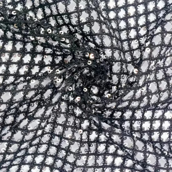 Black Shine Sequin Eyelet Embroidery Mesh Fabrics