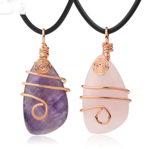 Natural Raw Amethyst Stone Pendant Necklace for Women Wire Wrapped Healing Irregular Chakra Crystals with Two Different Chains