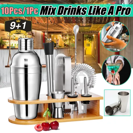 10PCS Mojito Cocktail Bar Shaker Mixer Maker Ice Tong Muddler Barware Stainless Steel Bar Sets Bartender Tools with bamboo Rack
