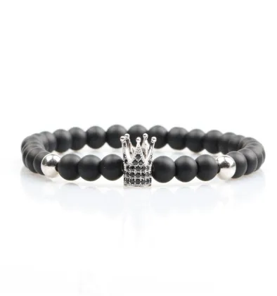 fashion jewelry 2017 8mm natural black agate lucky stone bead bracelet CZ crown bracelet
