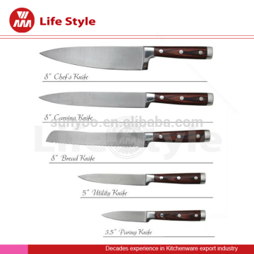 Forged stainless steel chef knife set with pakka wooden handles and three rivets for kitchen
