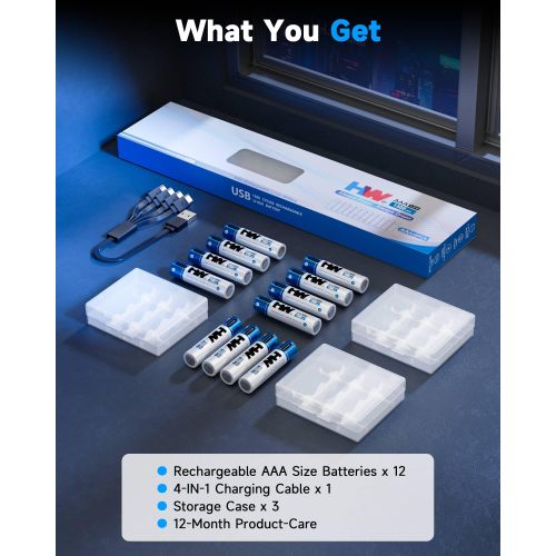 باتری لیتیومی قابل شارژ USB-C 12P 1.5V AAA 1300mWh