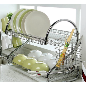 Stainless steel dish drain rack in the kitchen