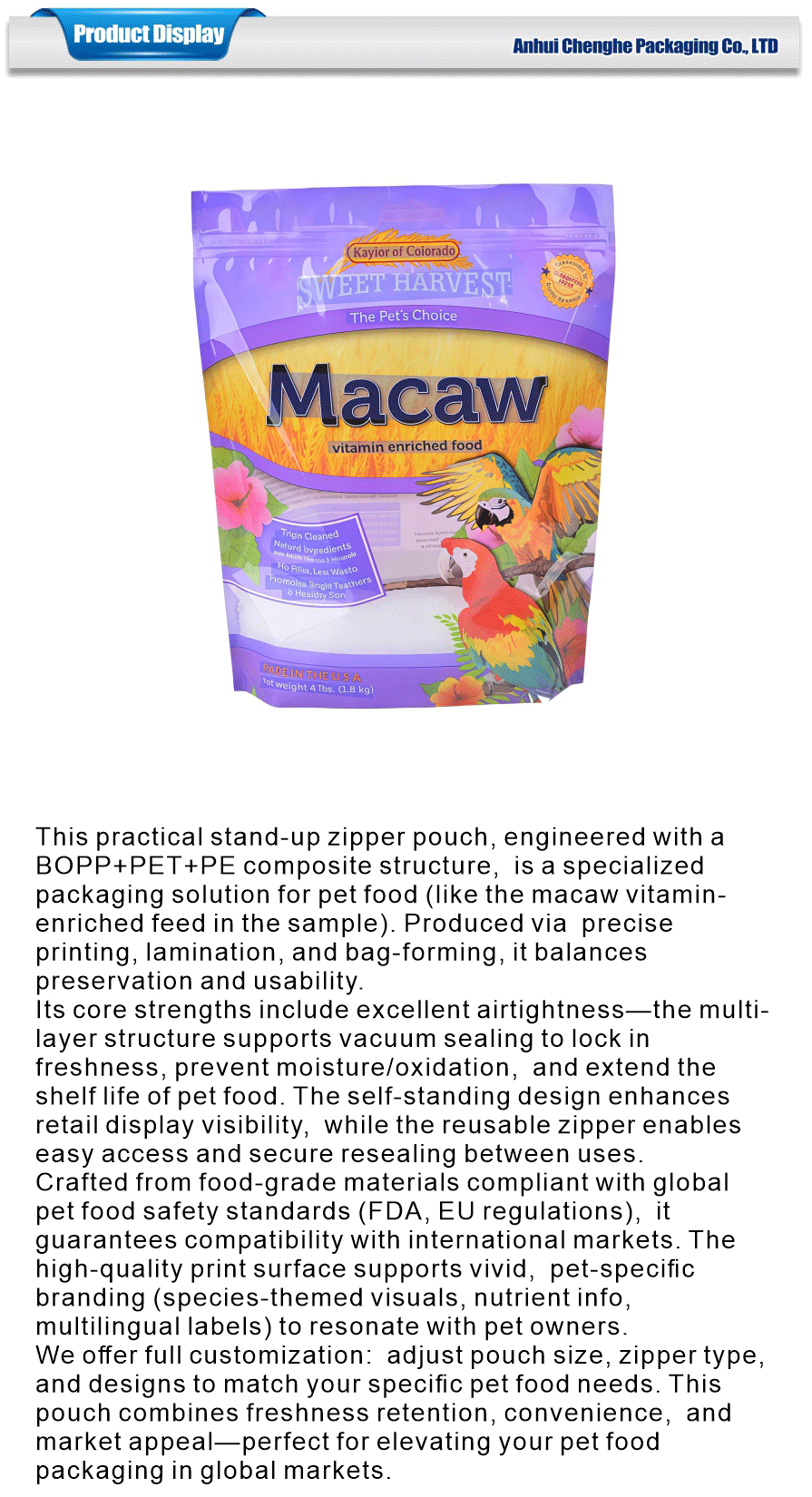 self standing zipper bag for pet food