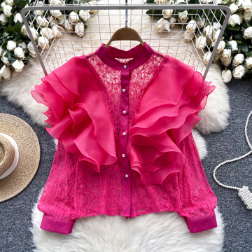 LW0510: Elegant Women's Lace Cardigan Blouse with Ruffled Edge and Pearl Details