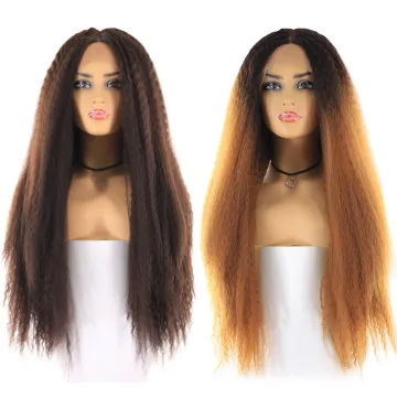 X-TRESS Ombre Brown Long Afro Kinky Straight/Yaki Synthetic Hair Wigs Soft Light Brown Swiss Lace Front Wig For Black Women