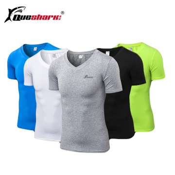 QUESHARK Men Sports Fitness V Neck T-shirt Quick Dry Compression Jogging Running Shirts Solid Color Gym Tops