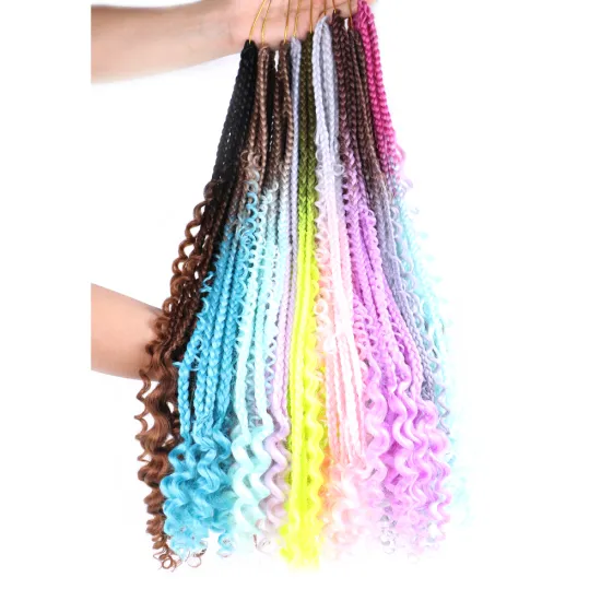 Hot sell  Crochet Bohemian Hair  Goddess Locs messy box braids with Curly Ombre  Pre-looped Synthetic Boho 3x river box braids