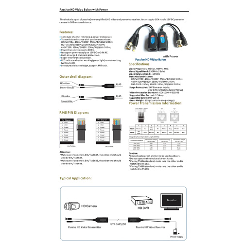 8MP CCTV UTP Video -Stromkabel Balun Transceiver