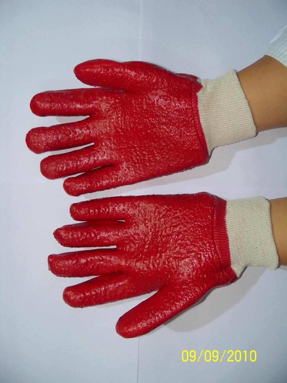 Red PVC single dipped gloves with knit wrist