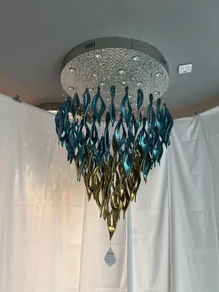 Mission Style Blue and Gold Stained Glass Chandelier