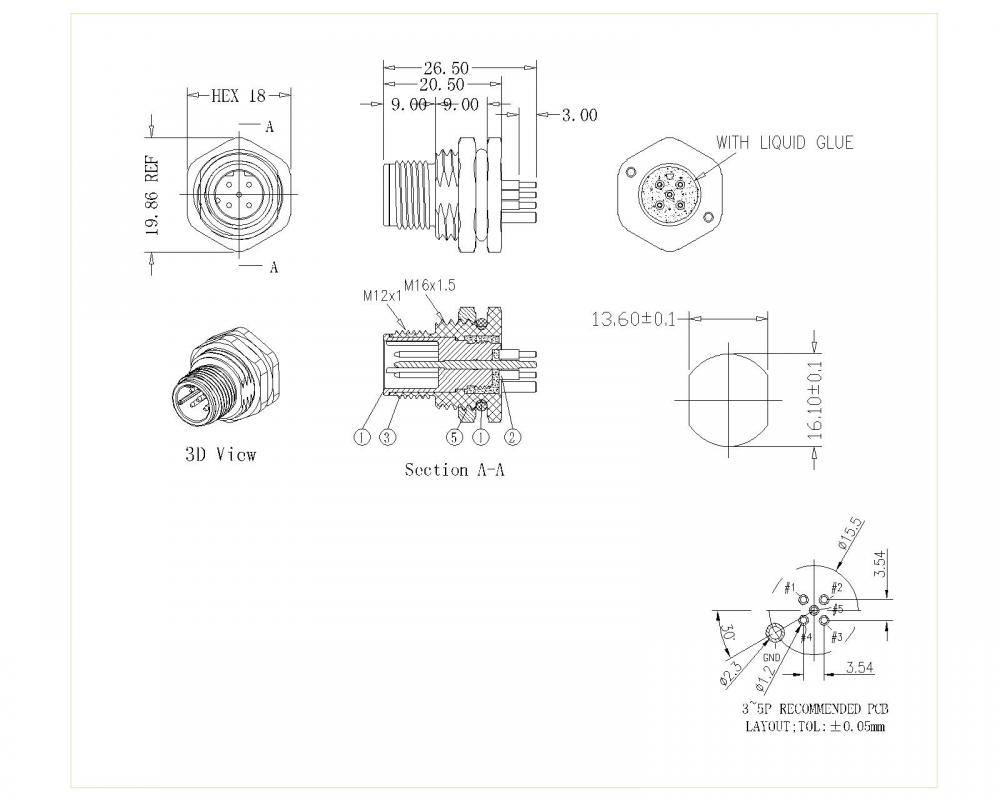 M12 3 ~ 5p männliche Schleuse vorne M16 D-Code abgeschirmt