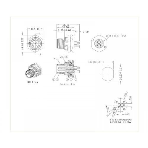 M12 3 ~ 5p männliche Schleuse vorne M16 D-Code abgeschirmt