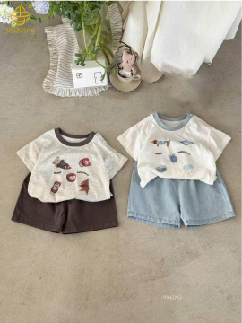 Cartoon Preschool Bear Grid Short Sleeve Set