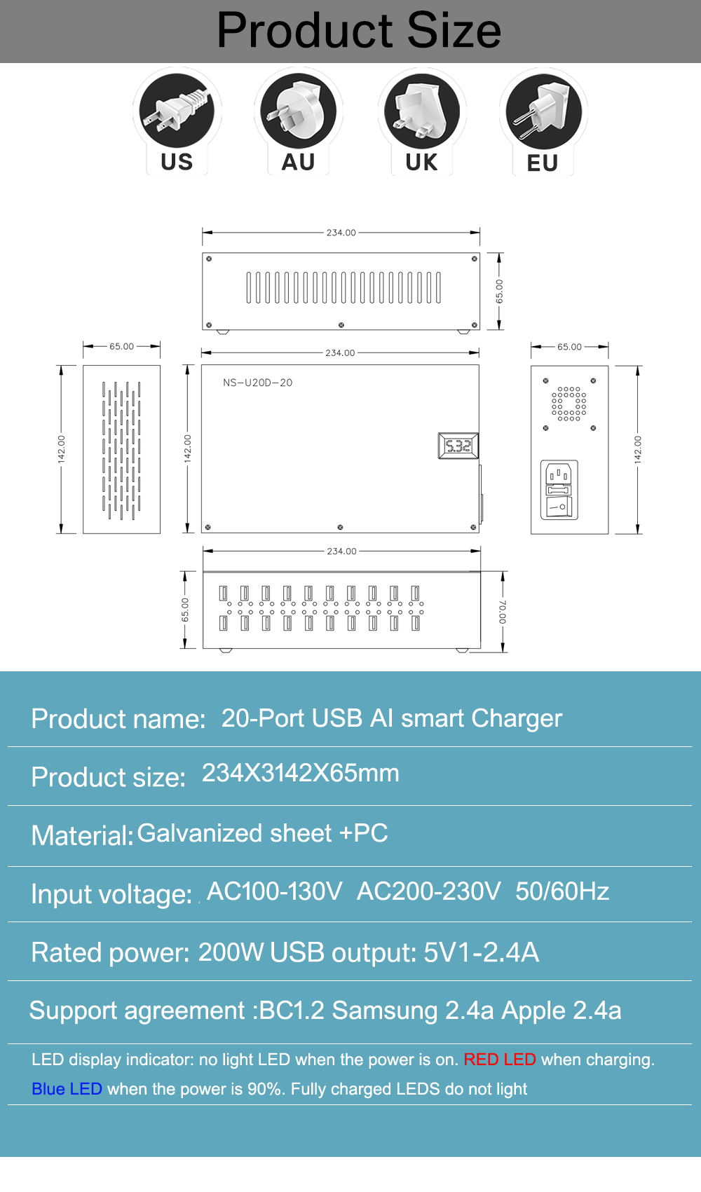 20-PORT SMART USB CHARGER Product Size 20-PORT SMART USB CHARGER Product Size