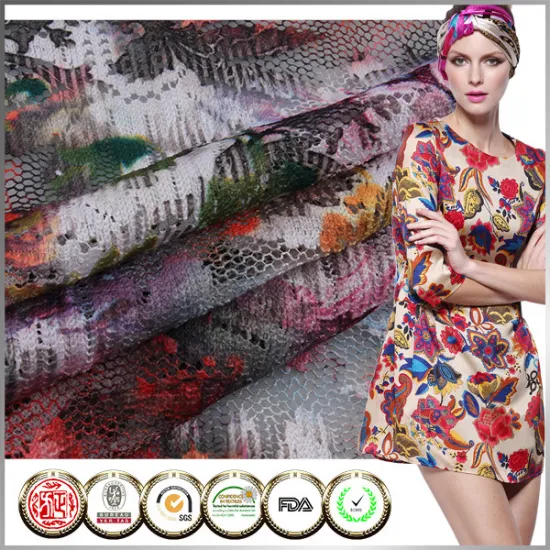 2014 new fashion digital effect printed polyester cheap lace fabric