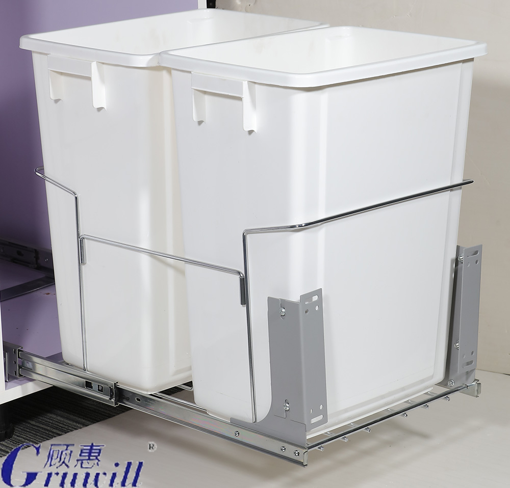 White plastic pull-out double cabinet trash can