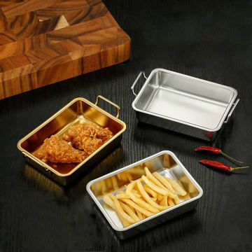 2024 Korean Golden Rectangle Stainless Steel Snack Plate with Handle for Party and Restaurant Dessert Tray