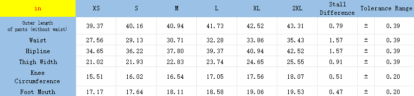 ski pants size chart