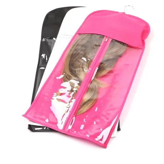 Wholesale Private Label Dustproof Zipper Bag with Hanger Hair Bags Custom Hair Extension Packaging Black White Pink Acceptable