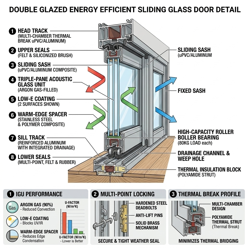 Haustura termikoko aluminiozko ate lerragarrien isolamenduaren eskema teknikoa