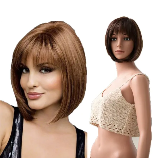 High Quality Ombre Ash Brown Color Machine Made Short Bob Wigs With Bangs For Women Daily Use Heat Resistant Synthetic Wig