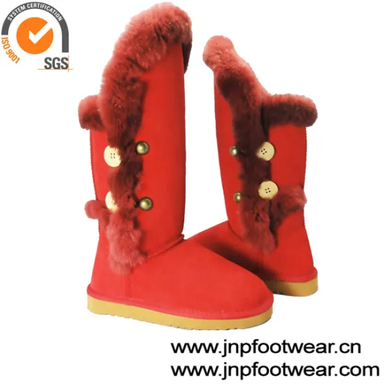 Fashion furry winter women leather boots with rabbit fur collar