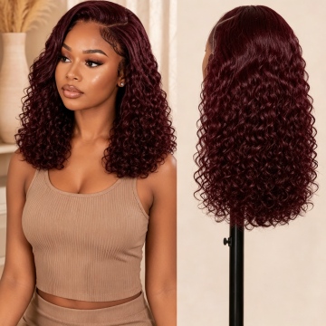 14 Inch 13x4 HD Lace Frontal Kinky Curls 180% Density 99J Human Hair Glueless Wig
