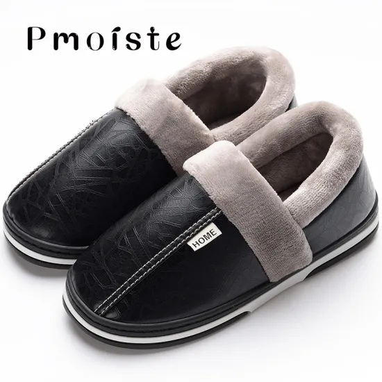 Home Slippers for men Massage Memory foam Winter Indoor slippers With fur Adult Male slippers leather Household Size 45-49