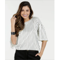 Women Black Strips O-Neck Half Sleeve Blouse