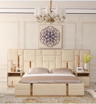 American Modern Solid Wood Fabric Double Bed