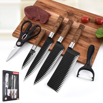 Wholesale Non-Stick Hammered Blade Wood Grain TPR Handle Chef Knife Set with Gift Box