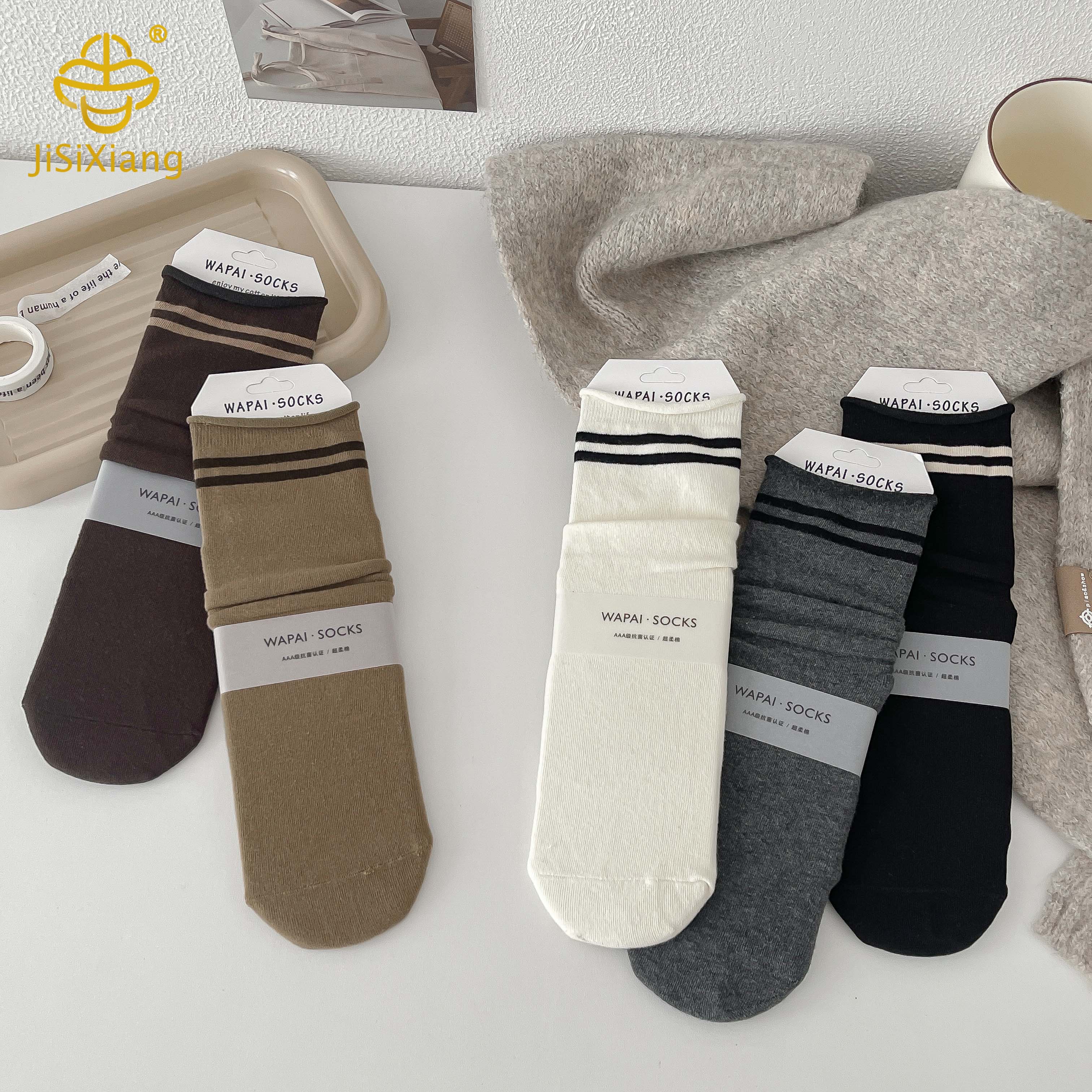 striped mid tube socks with rolled edges, athletic socks, college style