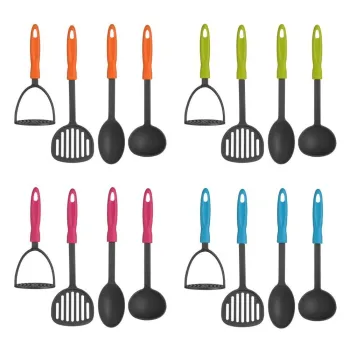 4pc Kitchen/cooking Tool Set Slotted Turner Ladle Masher Solid Spoon Grey Nylon
