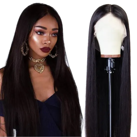 Brazilian black ladies real hair wig 28 inch straight hair 100% real human hair 13x4T partial pre-pulled mesh wig wholesaler